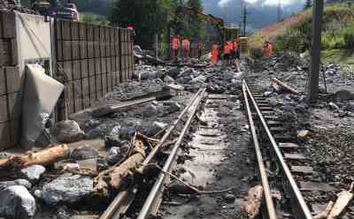 (Ausland, Mure, extrem) Aufräumarbeiten nach Sturzflut in Tirol: Tonnen an Gestein im Ort, Bagger Schaufel Geröll zur Seite, Wohnungen voller Geröll, Bahnstrecke gesperrt: Bahngleise voller Geröll, Bürgermeister: „gewaltige Wassermassen“